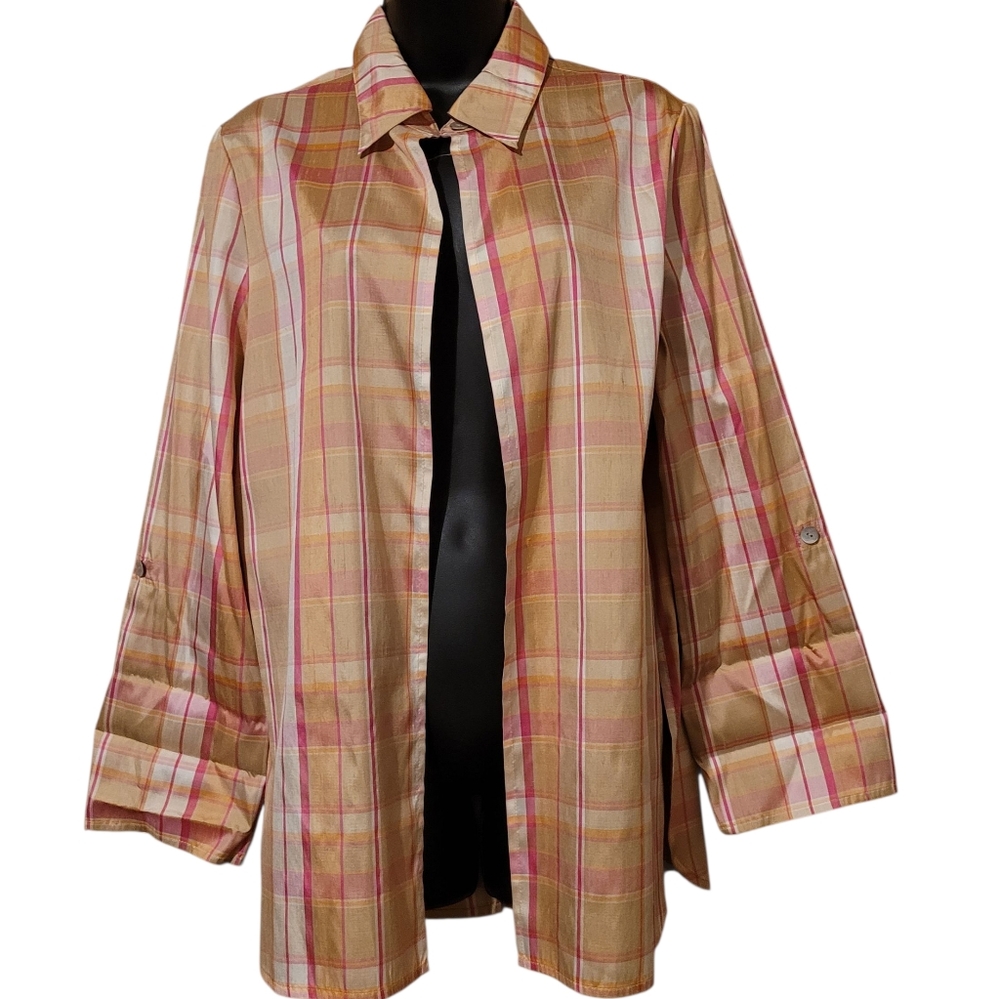 Simon Chang l Pink Silk Plaid Blouse Size 8